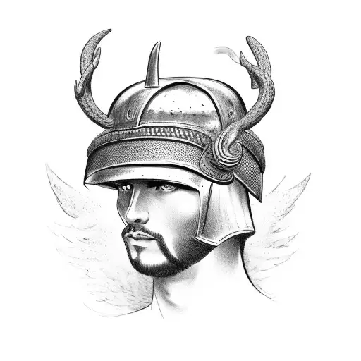An Ancient Roman Soldier Wearing A Helmet With A Deer And A Phoenix On The Background