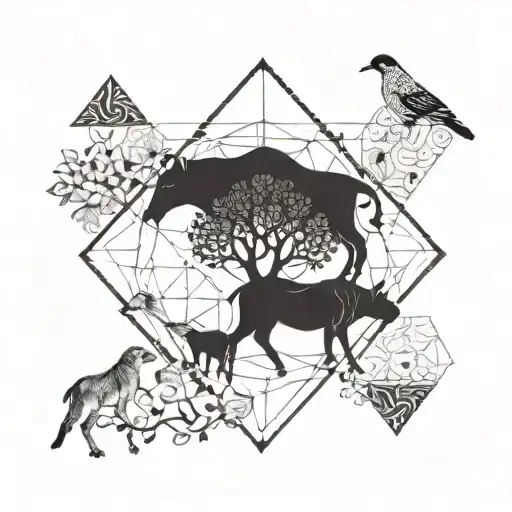 A Geometric Blackwork Tattoo Of Different Animals Interconnected In A Nature-inspired Pattern