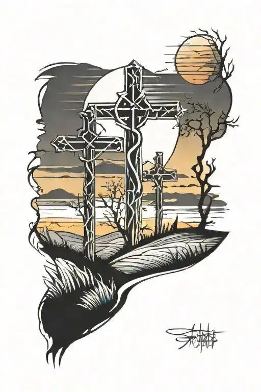 3 Crosses With Thorns Wrapped Around Them On Top Of A Hill With Sunset In Background