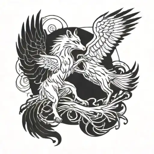 A Wolve And A Raven Are Fighting Together A Kyuubi