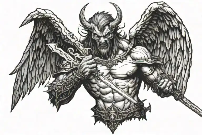 Demon Angel Holding A Sword With God Above Him