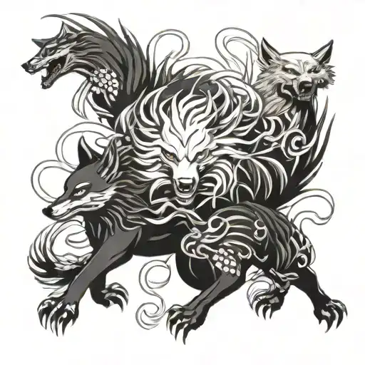 Kyuubi Nine Tailed Fox Surrounded Wolves Fighting