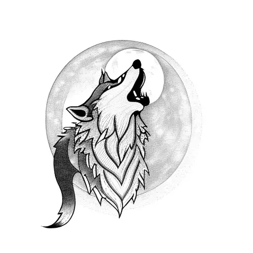 A Majestic Blackwork Tattoo Of A Wolf Howling At The Moon With Musical Notes Swirling Around It