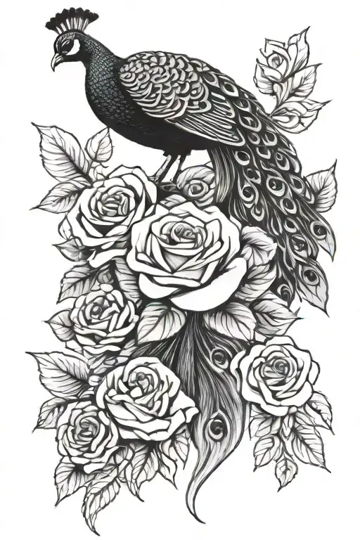 Peacock And Roses Blooming