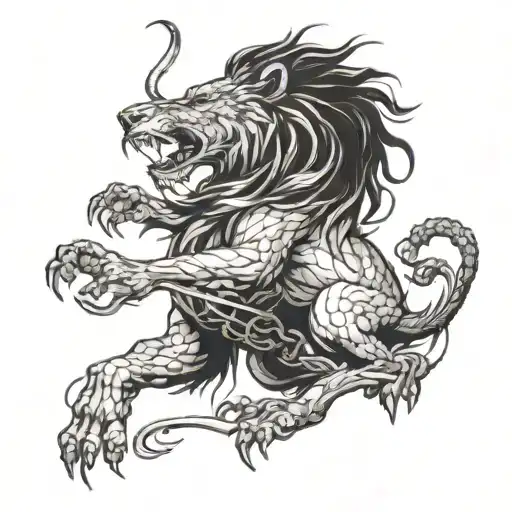 A Majestic Lion Intertwined With A Fierce Dragon In A Battle Scene