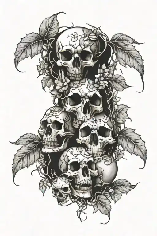 3 Human Skulls And 2 Dog Skulls Entangled In Ivy Vines