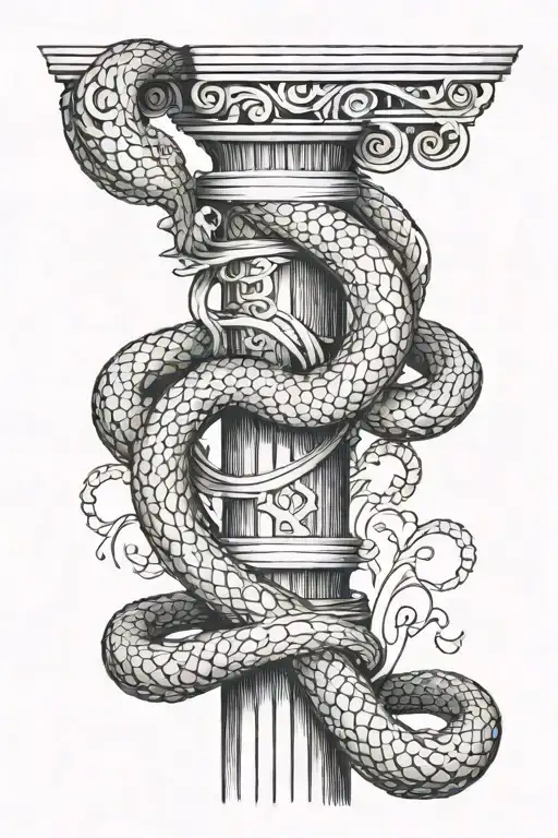 Snake Wrapped Around A Broken Ionic Column In A Folk Art Style