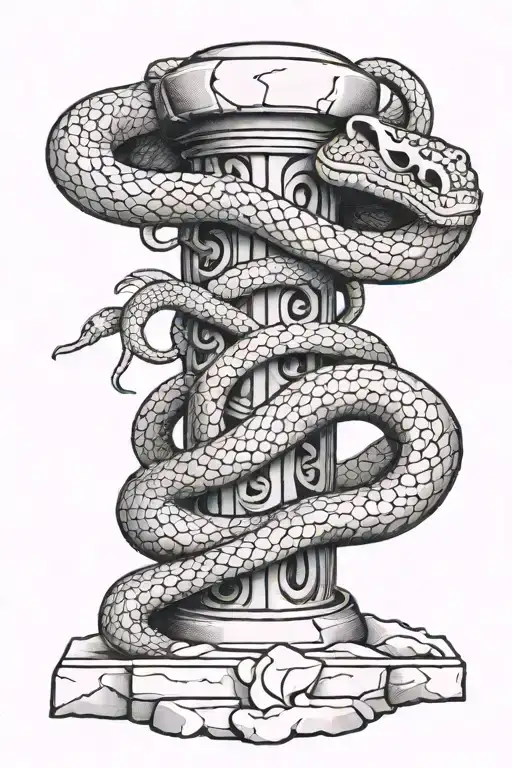 Snake Wrapped Around A Broken Ionic Column In A Mexican Folk Art Style
