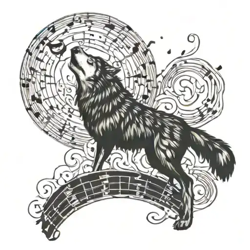 A Wolf Howling At A Crescent Moon Made Of Musical Notes