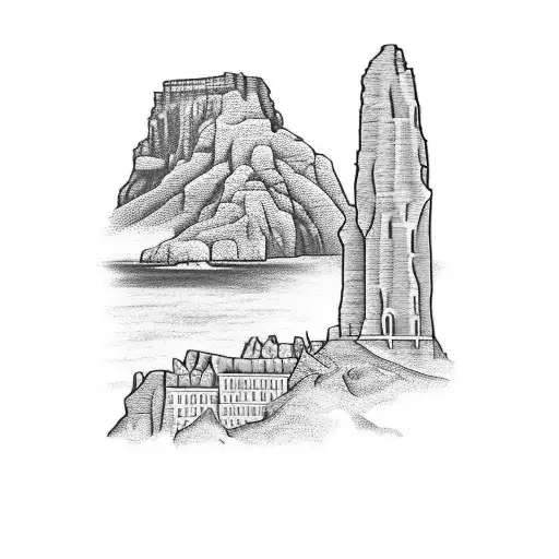 A Blackwork Tattoo Featuring Iconic Irish Landmarks Like The Blarney Stone And Giant's Causeway