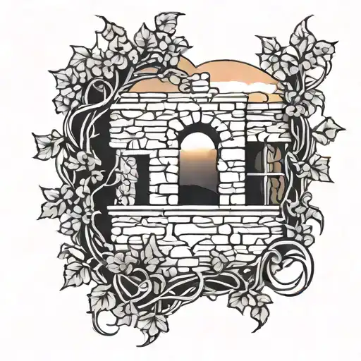 Stone Wall Wrapped In Vines Sunset Sky