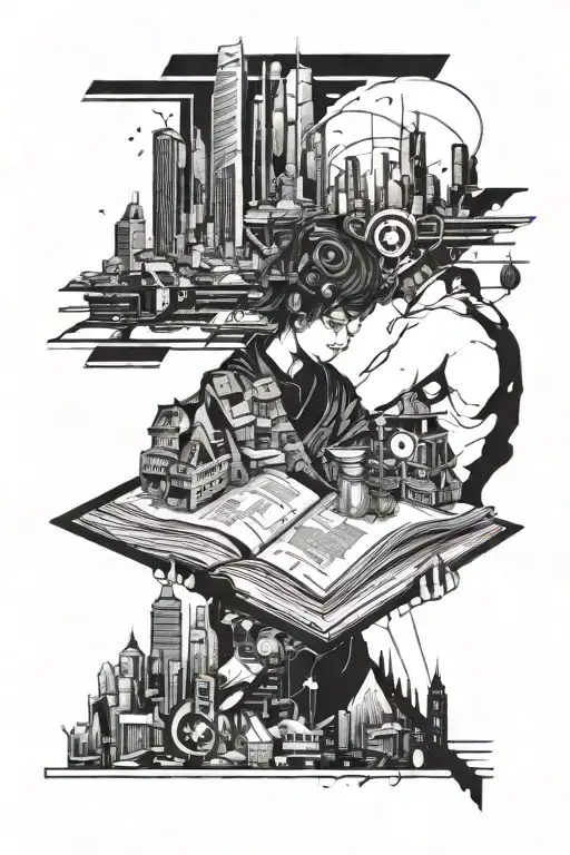 A Futuristic Cyberpunk Cityscape With Anime-inspired Characters Intertwined With Book Pages