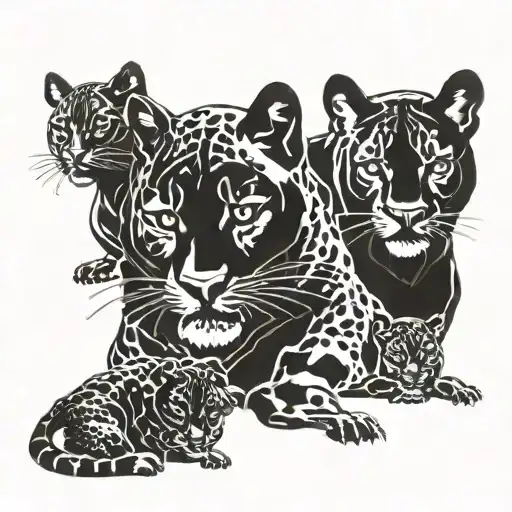 Black Panther Surrounded By 4 Baby Panthers