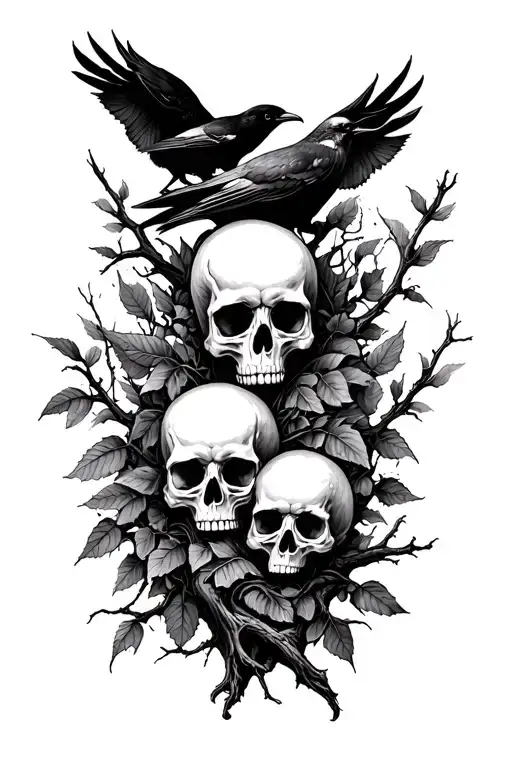 Skulls And Crows And Tree Branch Leaves As Filler Leg