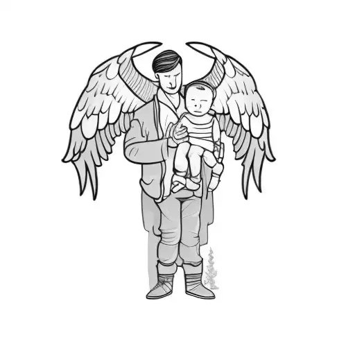 A Man With Wings Holding A Young Boy On A Black Background