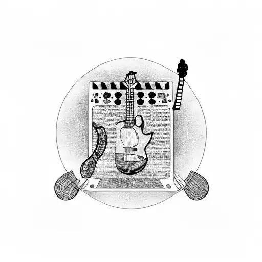 A Guitar Surrounded By Film Reels And Books