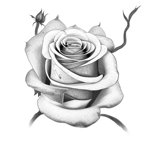 A Realistic Blackwork Tattoo Of A Blooming Rose Surrounded By Vines And Leaves