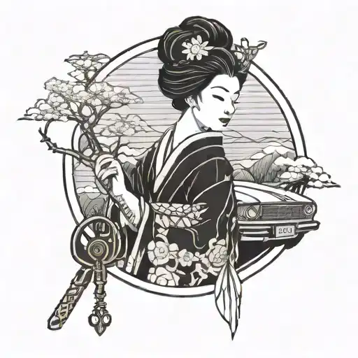 A Japanese Geisha Holding A Vintage Car Key