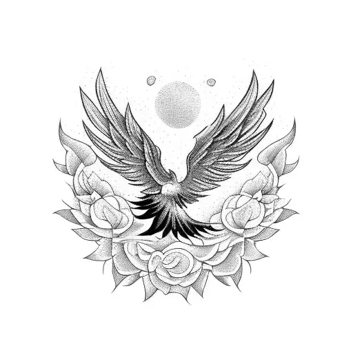 A Majestic Phoenix Flying Over A Field Of Blooming Roses