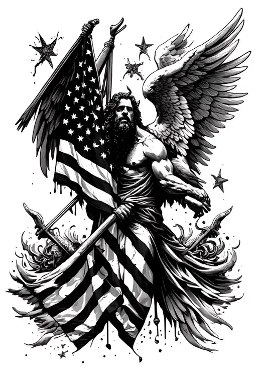 American Flag With Angel And Devil Over Working Man