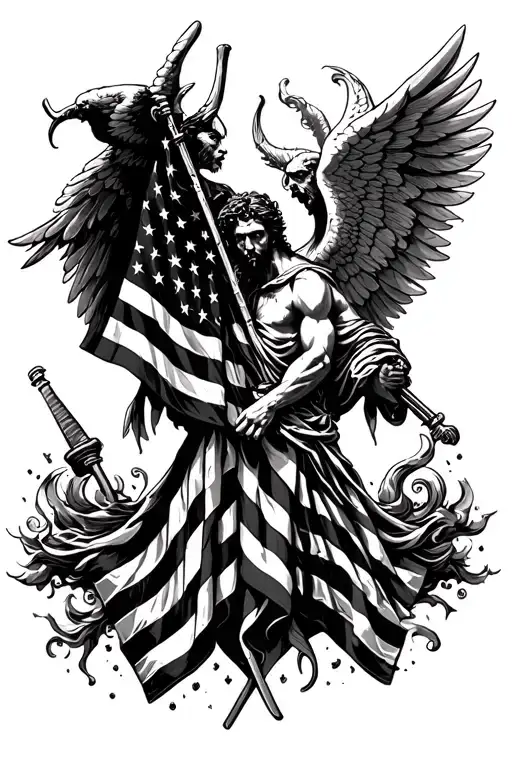 American Flag With Angel And Devil Over Working Man