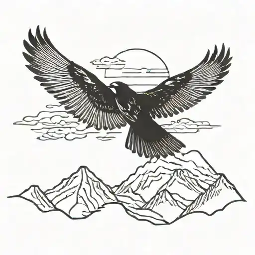 A Silhouette Of A Bird Flying Over A Mountain Range At Sunset