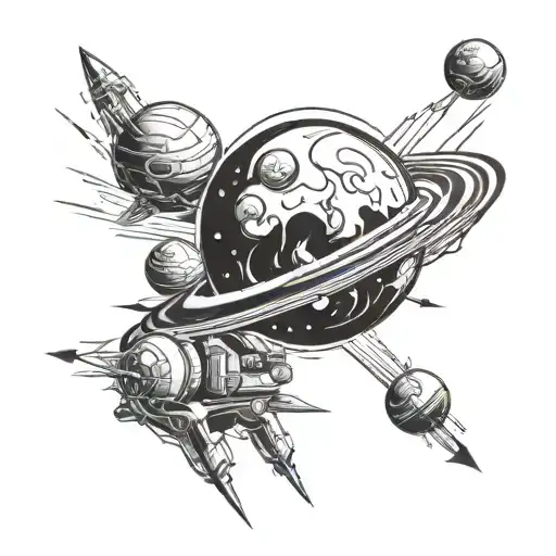 Retro Simple Black And White Tattoo Design Of A Poster Advertising A Vacation To Another Planet