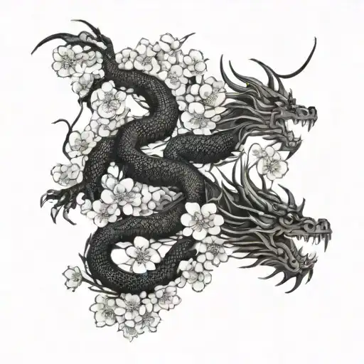 Dragon And Cherry Blossom Tree Intertwined