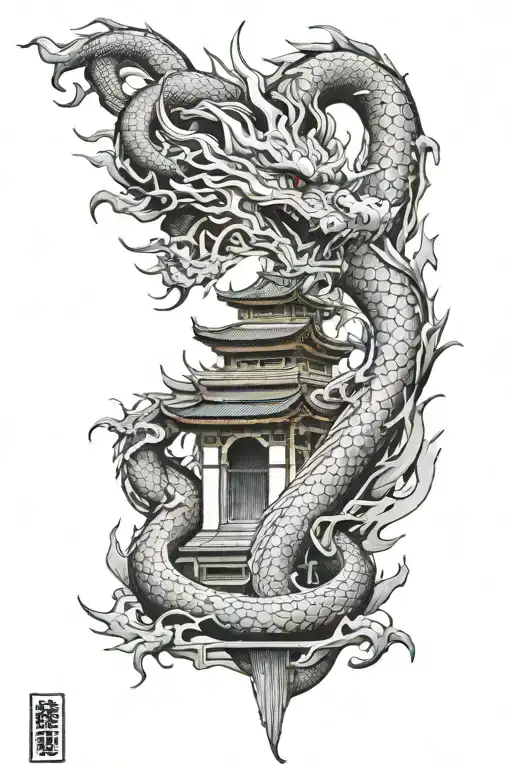Japanese Dragon Wrapped Around Temple Architecture Forming