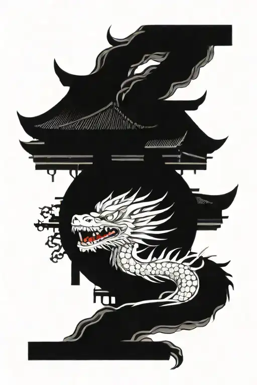 Japanese Dragon Wrapped Around Temple Architecture Forming