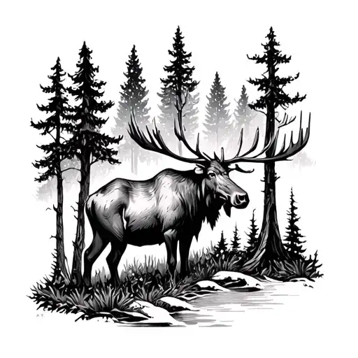 A Serene Forest Scene With A Hidden Moose Among The Trees