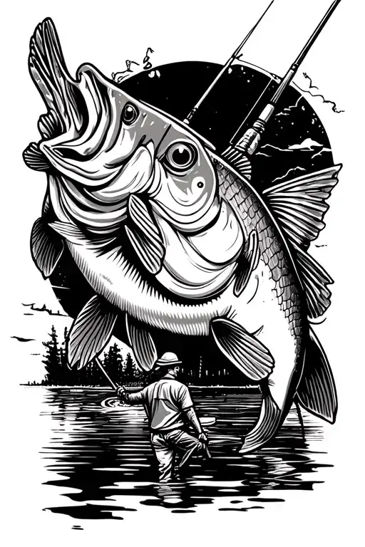 Bass In Front And Fishermen With Rod In Background