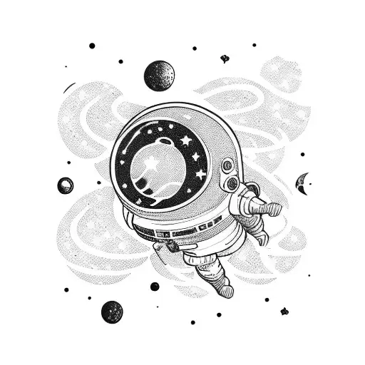 A Detailed Blackwork Tattoo Of An Astronaut Floating Among A Galaxy Of Stars