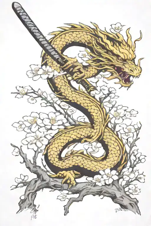 Full Cherry Blossom Tree With A Dragon And Katana Sword
