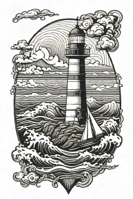 Lighthouse Stormy Sea And Sailboat Navigating