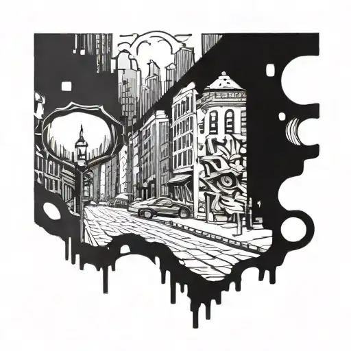 City Street With Buildings Lion Eye Symbol Integrated