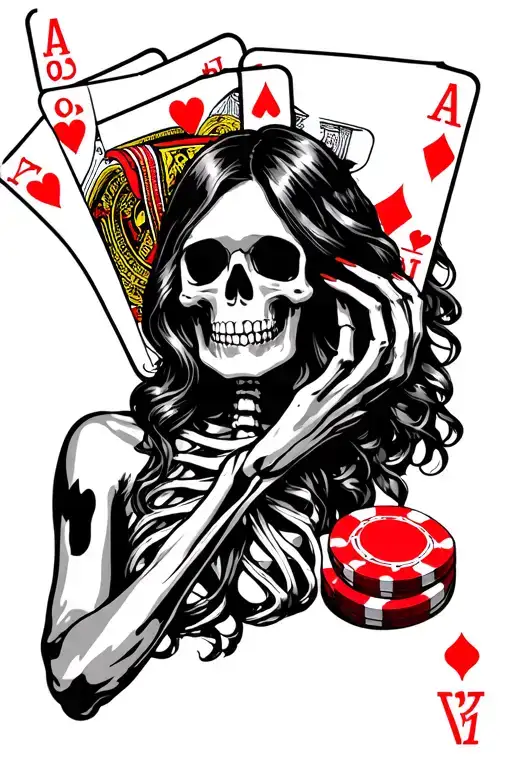 Skeleton Women Holding A Royal Flush Of Hearts With Poker Chips In The Background