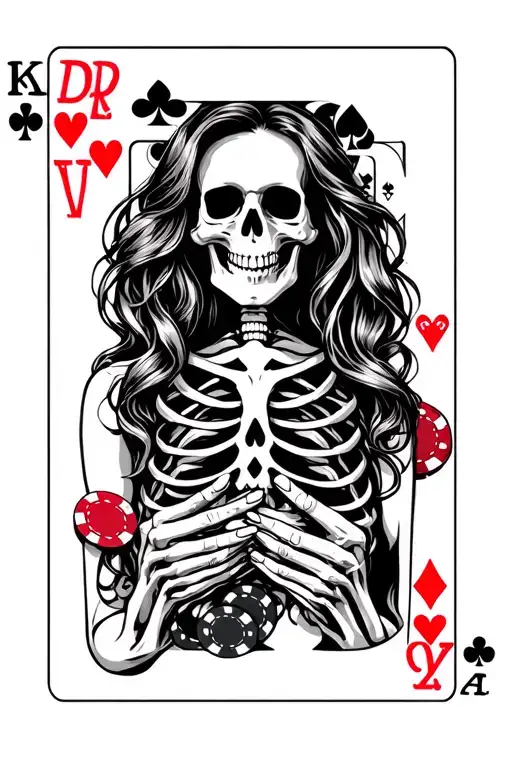 Skeleton Women Holding A Royal Flush Of Hearts With Poker Chips In The Background