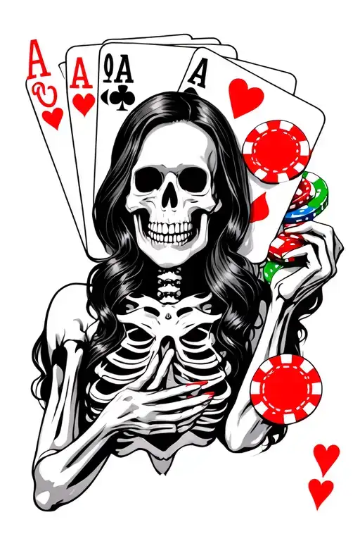 Skeleton Women Holding A Royal Flush Of Hearts With Poker Chips In The Background