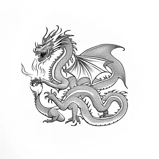 Dragon With Angels Around With A Fire On Background