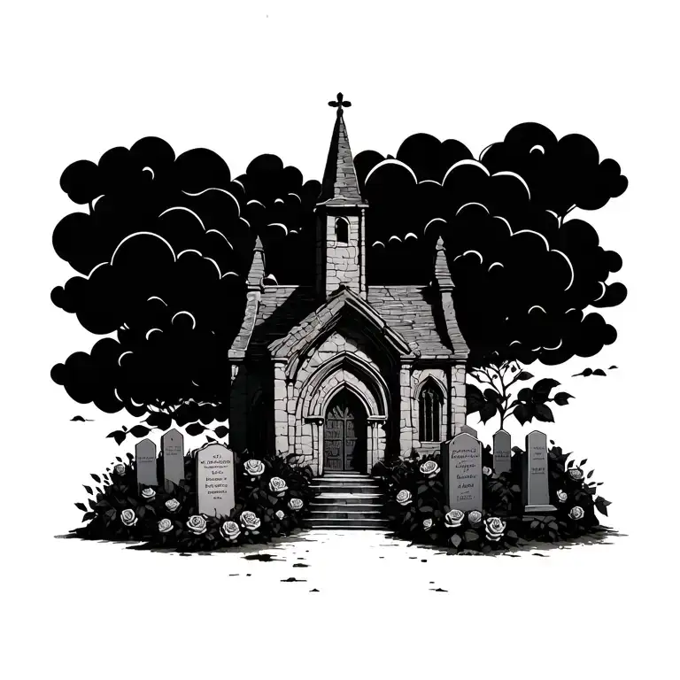 Old Abanond Ruin Church With Dark Clouds And Grave Stones And Black Rose Bushes