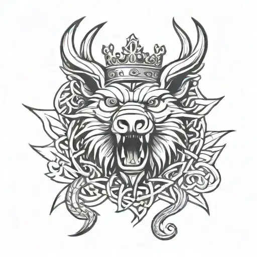 Boar Head And St Michaels Sword And Wings Wearing A Crown Background Celtic Knot