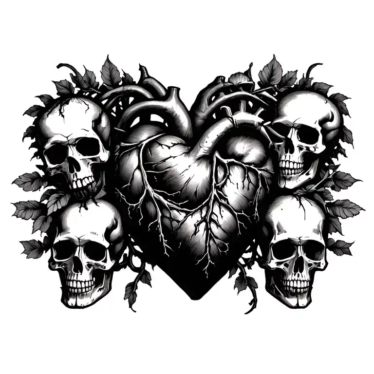 Anatomical Heart With Skulls And Vines