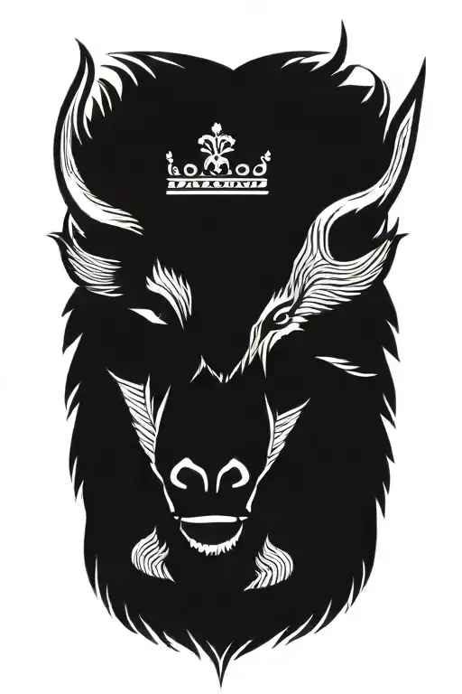 Angry Boar Head Wearing A Crown With Wings And A Geometric Background