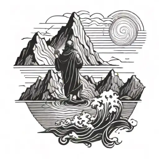 An Abstract Blackwork Design Of Jesus Calming The Storm On A Mountain Lake