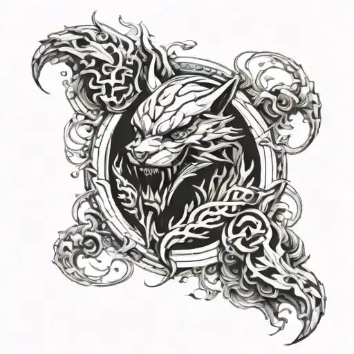A Tattoo Design Combining Elements From Tekken Characters With Imagery From Elden Ring