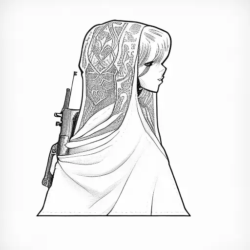 A Girl Wearing A Cloak And Carrying A Gun