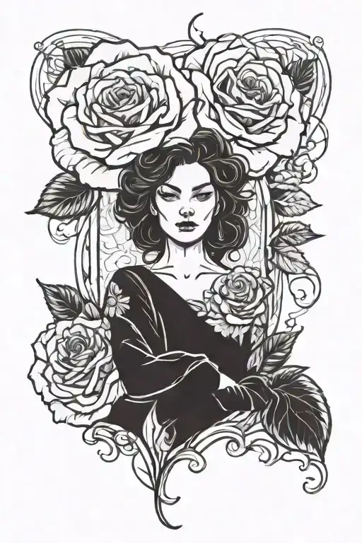Rose Blackwork With A Woman Face In The Middle