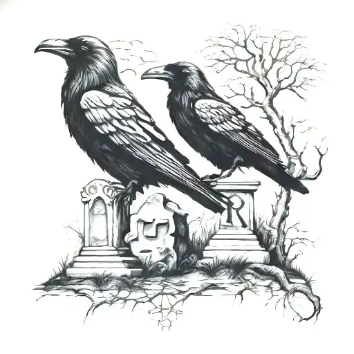 Raven And Graveyard Scene With Tombstones