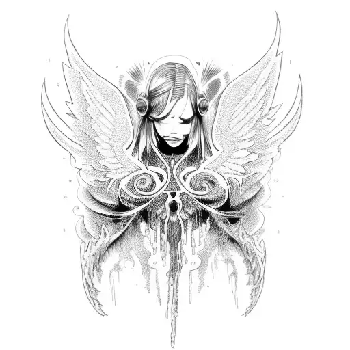 A Fallen Angel With Neontribal Patterns Surrounded By Flowing Liquid